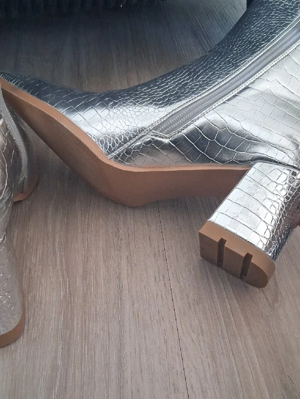 Croc-Embossed Silver Pointed Ankle Boots